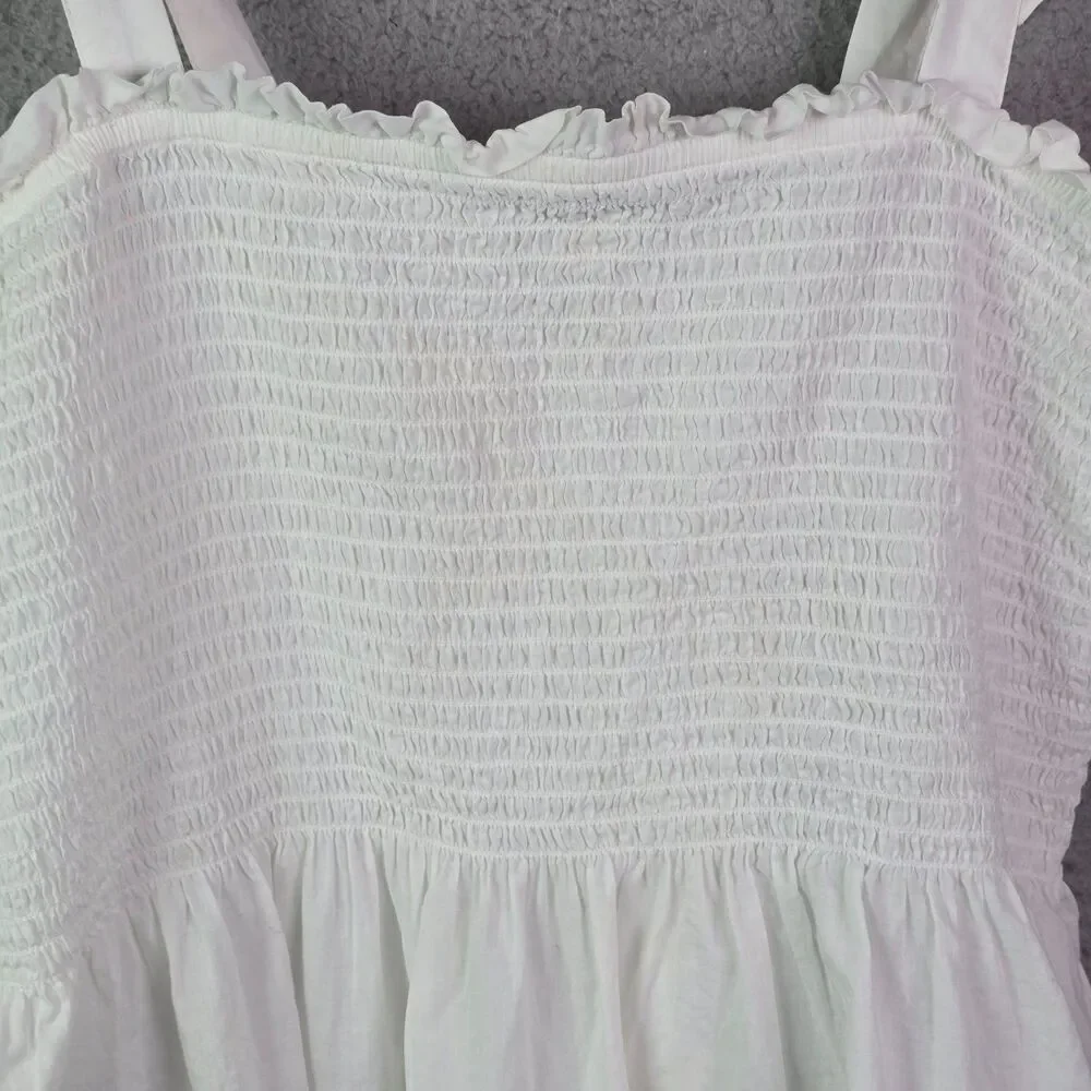 J Crew Smocked Tie Shoulder Cami White L Bow Strap Cotton Tank Coastal